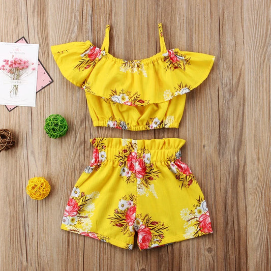 Toddler Kids Baby Girl Floral Halter Ruffled Outfits Clothes Tops+Shorts 2PCS Set